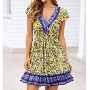 Bebop Floral Boho Mini Dress Smocked Waist V Neck Yellow Blue Small